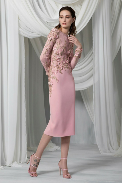 Shop Tony Ward Long Sleeve Lace And Crêpe Marocain Dress In Pink