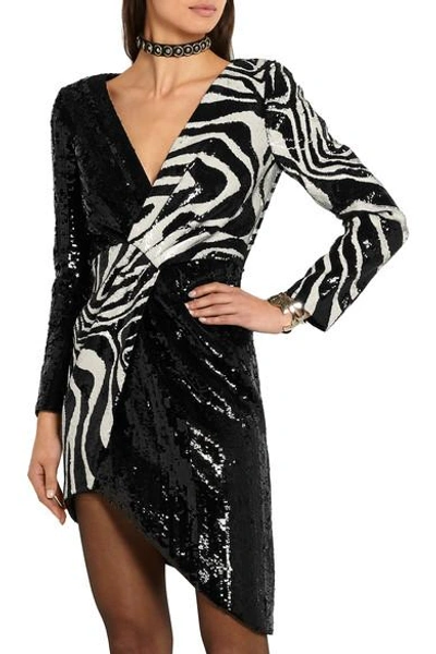 Shop Saint Laurent Asymmetric Zebra-print Sequined Wool Mini Dress