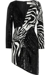 SAINT LAURENT Asymmetric Zebra-Print Sequined Wool Mini Dress