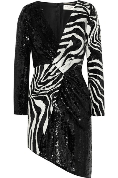 Shop Saint Laurent Asymmetric Zebra-print Sequined Wool Mini Dress