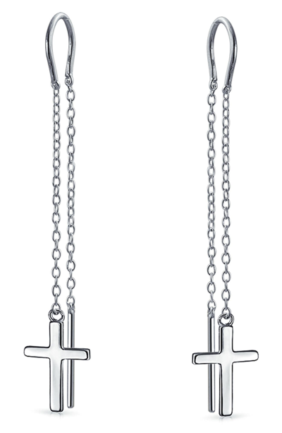 Bling Jewelry Cross Threader Drop Earrings In Silver