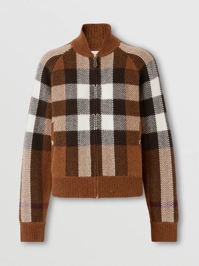 Shop Burberry Check Wool Cashmere Bomber Jacket In Dark Birch Brown