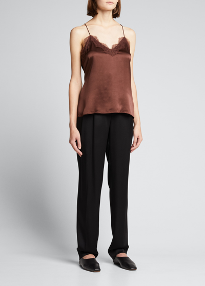 Shop Cami Nyc The Racer Silk Charmeuse Camisole W/ Lace In Dark Chocolate