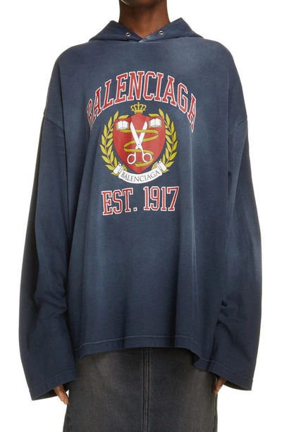 Shop Balenciaga College Logo Oversize Organic Cotton Hoodie In 8067 Marine Blue/ Red