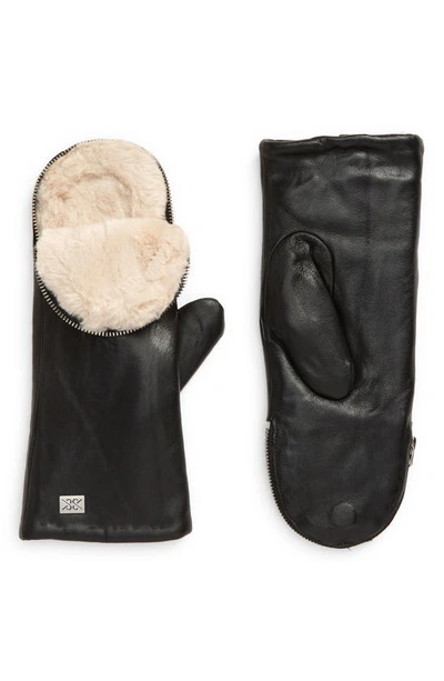 Shop Soia & Kyo Leather Zip Top Mittens With Faux Fur Lining In Black-fawn