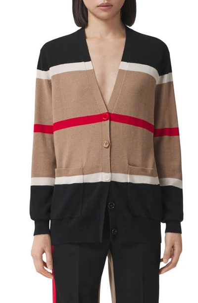 Shop Burberry Phillipa Icon Stripe Cashmere & Silk Cardigan In Camel