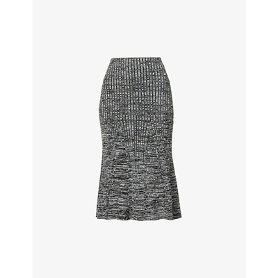 Shop Self-portrait A-line Ribbed Stretch-knit Midi Skirt In Black White
