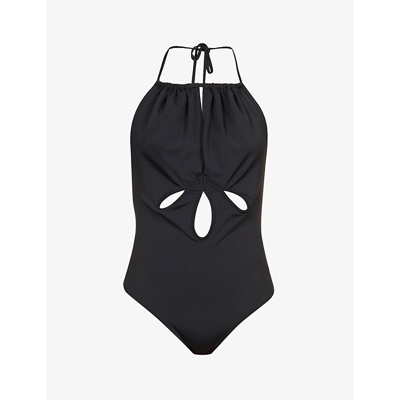 Shop Self-portrait Cut-out Halterneck Stretch-recycled Polyamide Swimsuit In Black