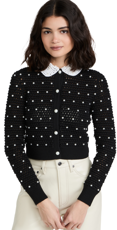 Shop Alice And Olivia Collins Crochet Imitation Pearl Cardigan In Black/soft White