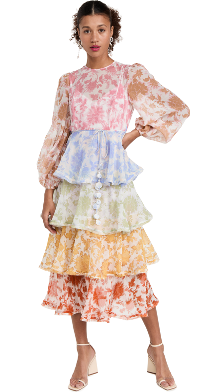 Shop Zimmermann Postcard Flounce Midi Dress In Spliced Tonal Floral