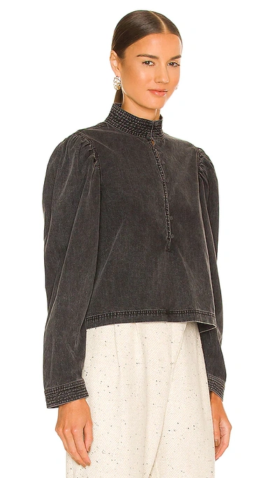 Shop Something Navy Puff Sleeve Chambray Blouse In Black