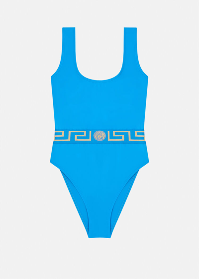Shop Versace Greca One-piece Swimsuit In Blue