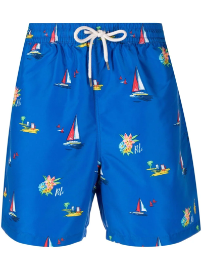 Shop Polo Ralph Lauren Logo-print Swim Shorts In Blue