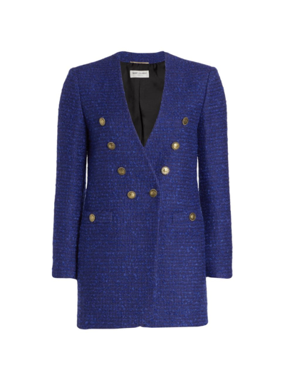 Shop Saint Laurent Double-breasted Tweed Blazer In Blue Indigo