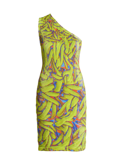 Shop Bottega Veneta Abstract Print One-shoulder Dress In Banana Print
