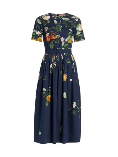 Shop Oscar De La Renta Women's Degrade Apple Blossom Belted Midi-dress In Navy Multi