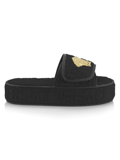 Shop Versace Women's Logo Jacquard Medusa Slippers In Black