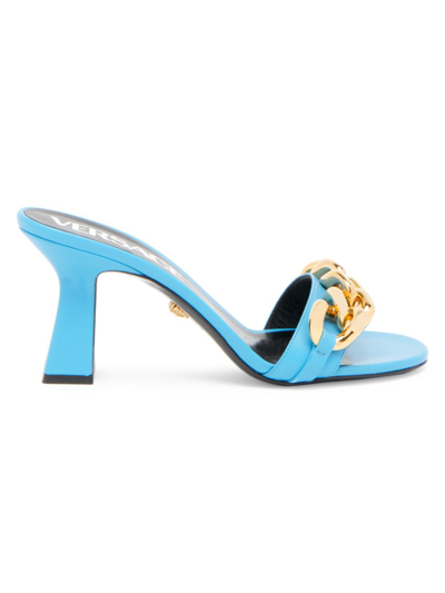 Shop Versace Women's Medusa Chain Mid-heel Nappa Leater Mules In Sky  Gold