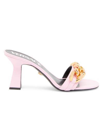 Shop Versace Medusa Chain Mid-heel Nappa Leater Mules In Candy Oro