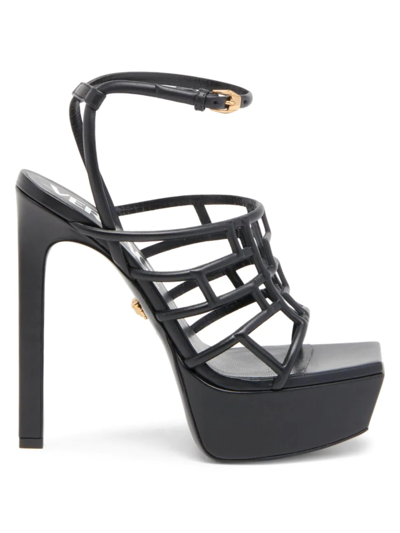 Shop Versace Women's Greca Maze Leather Sandals In Black  Gold