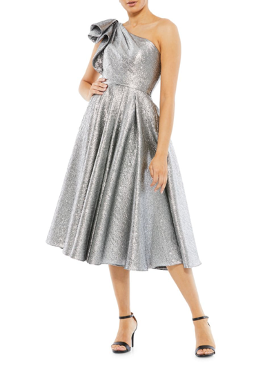 Shop Mac Duggal Women's Asymmetric Metallic Tea-length Dress In Silver