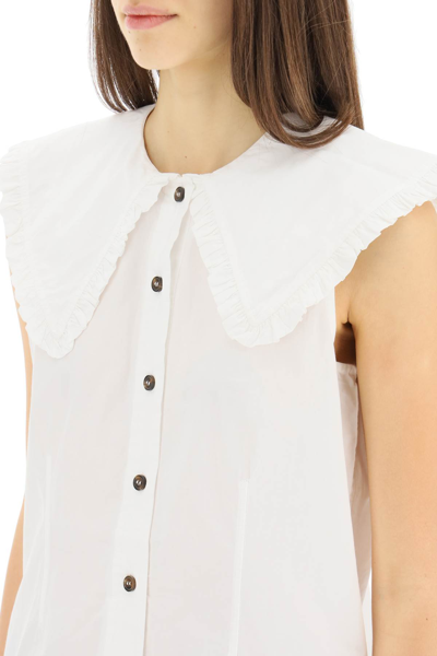 Shop Ganni Sleeveless Shirt With Oversized Collar In White