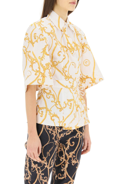 Shop Ganni Printed Shirt In Organic Cotton In White,gold