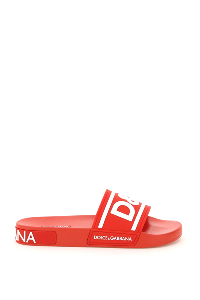 Shop Dolce & Gabbana Logo Rubber Sliders In Red,white