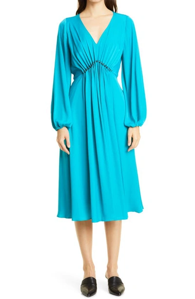 Shop Kobi Halperin Portia Bead Detail Long Sleeve Hammered Satin Dress In Turquoise