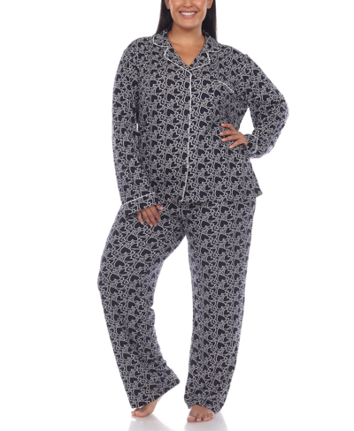Shop White Mark Plus Size 2 Piece Long Sleeve Heart Print Pajama Set In Navy Hearts
