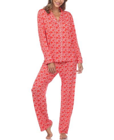 Shop White Mark Women's 2 Piece Long Sleeve Heart Print Pajama Set In Red Hearts