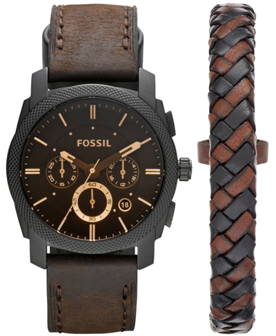 Shop Fossil Machine Chronograph Dark Brown Leather Watch And Bracelet Box Set 42mm