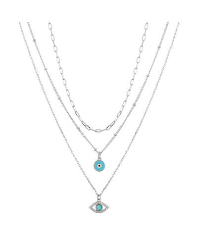 Shop Unwritten Silver Plated 3-pieces Turquoise Crystal Evil Eye Layered Pendant Necklace Set In Silver-plated