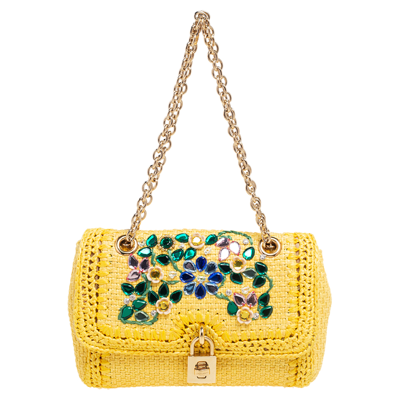 Pre-owned Dolce & Gabbana Yellow Woven Raffia Crystal Embellished Flap Shoulder Bag