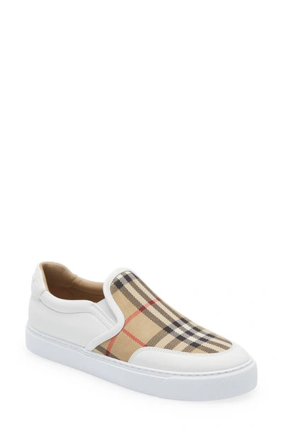 Shop Burberry New Salmond Check Slip-on Sneaker In White/ Archive Beige