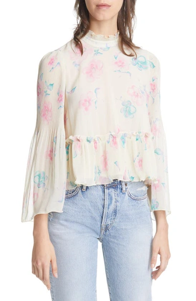 Shop Ganni Floral Print Pleated Georgette Top In Afterglow