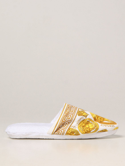 Shop Versace Flat Shoes  Home Slippers With Medusa And Greca Print In White