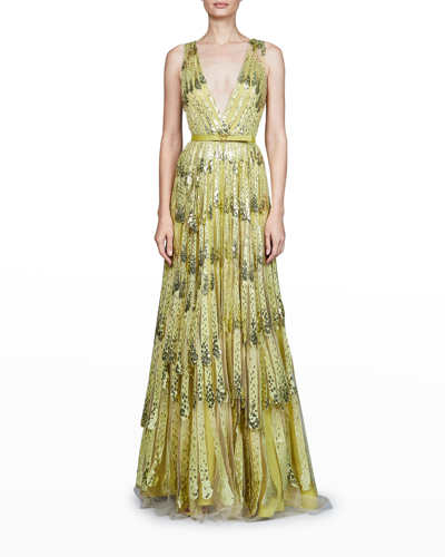 Shop Elie Saab Cascading Sequin Gown In Green Sheen