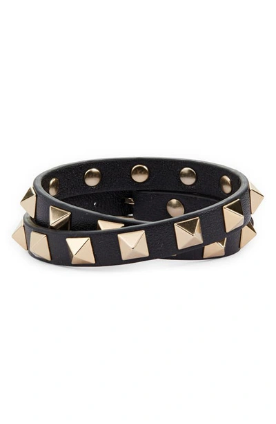 Shop Valentino Rockstud Leather Double Wrap Bracelet In Nero