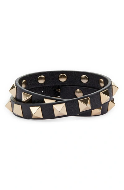 Valentino Garavani Rockstud Calfskin Double-strap Bracelet Woman Black Uni In Nero
