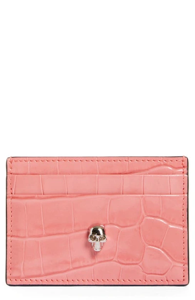 Shop Alexander Mcqueen Skull Croc Embossed Leather Card Case In Coral