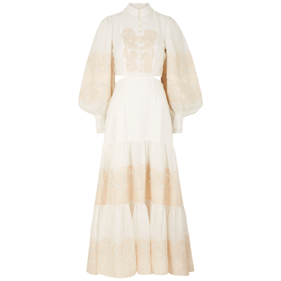 Shop Alemais Burning Love Appliquéd Ramie Maxi Dress In Off White