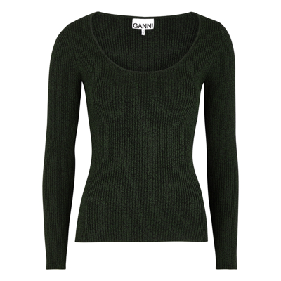 GANNI DARK GREEN MÉLANGE STRETCH-KNIT TOP 4170640