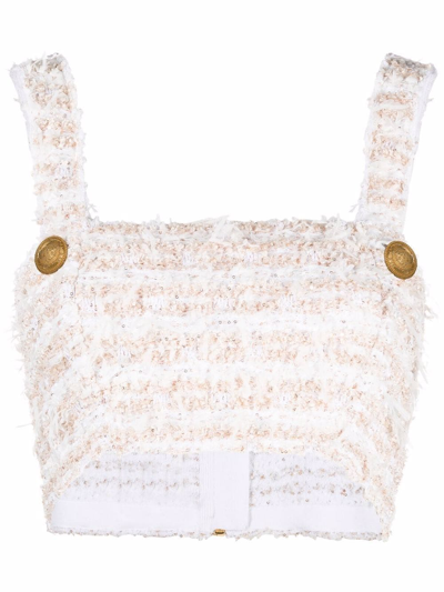 Shop Balmain Tweed Crop Top In White