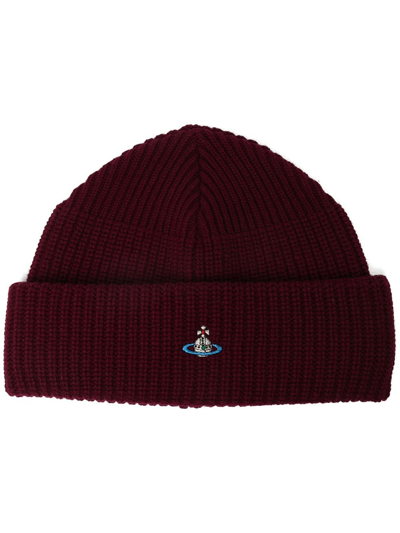 Shop Vivienne Westwood Embroidered-logo Wool Beanie In Red