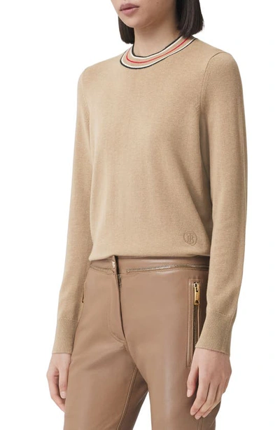 Shop Burberry Tilda Stripe Collar Cashmere Sweater In Camel