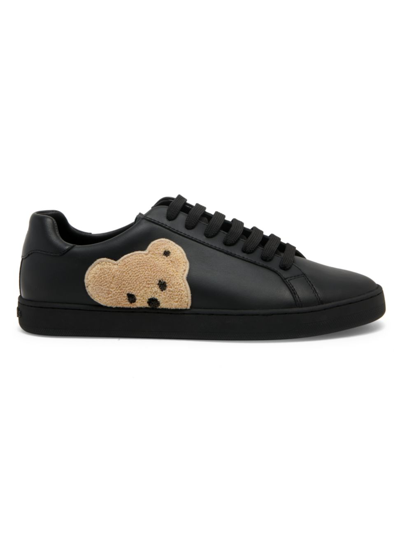 Shop Palm Angels New Teddy Bear Leather Tennis Sneakers In Black Brown