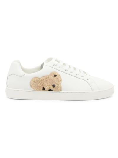 Shop Palm Angels New Teddy Bear Leather Tennis Sneakers In White Brown