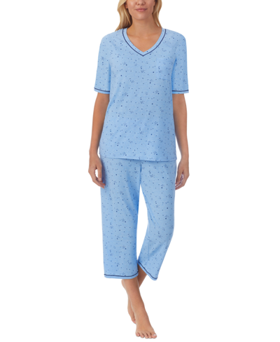 Shop Cuddl Duds Printed Elbow-sleeve Top & Capri Pants Pajama Set In Navy Celestial