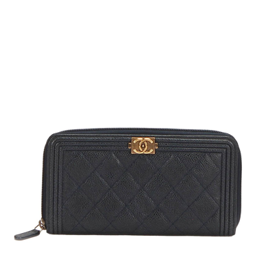 Pre-owned Chanel Le Boy Lambskin Leather Long Wallet In Black